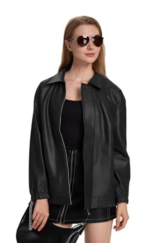 Moreone Faux Leather Jacket Women Oversize Leather Bomber Jacket Zip Up Going Out Jackets for Women 2026 Fall Fashion Moto Jacket Black S - Thumbnail 4