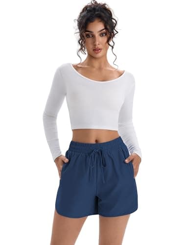 Aprolive Running Shorts for Women 4 Inch Athletic Lightweight Summer Casual Workout Gym Hiking Short with Zipper Pockets (Navy Blue, XL) - Thumbnail 3