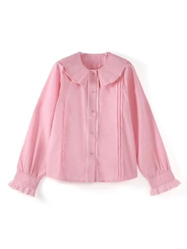 Barry Banny Girls Pink Dress Shirt Button Down Blouse Kids School Uniform Elegant Lace Decorated with Peter Pan Collar size6-7Y - Thumbnail 5