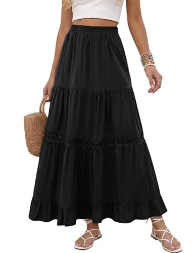 Zelroxa Womens Maxi Skirt Cotton Long Lace Crochet A Line Boho Flowy Tiered Summer Beach Vacation Linen Skirts 2026 Spring Trendy Outfits Clothes Black - Image 1