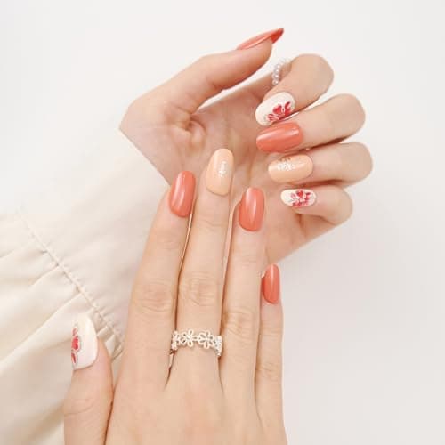 short round press on nails orange - floral acrylic fake nails salon quality reusable tips for women, perfect DIY manicure at home, 24 Nails in 12 Sizes - Thumbnail 2