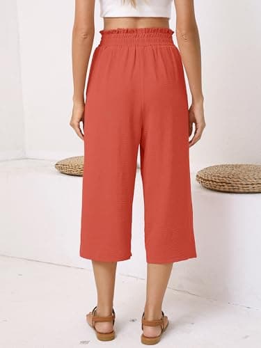 Moodclo Women's Capri Pants Coral Small Casual Palazzo Trousers with Pockets Loose High Waisted Wide Leg Lounge Pants - Thumbnail 4