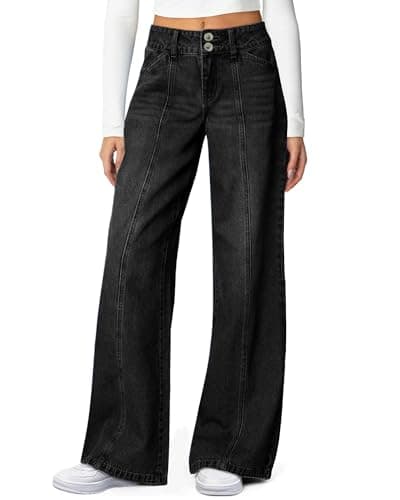 Flvsun Women's Wide Leg Jeans High Waisted Stretchy Straight Leg Jeans Trendy Seamed Front Loose Fit Denim Pants Black S - Image 1