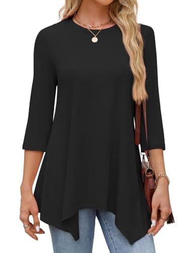 JUSTFASHIONNOW Black Tunic Tops for Women Loose Fit Dressy Casual 3/4 Length Sleeve Womens Fall Tops Asymmetrical Hem Ladies Clothing Outfits（Black，Small - Thumbnail 4