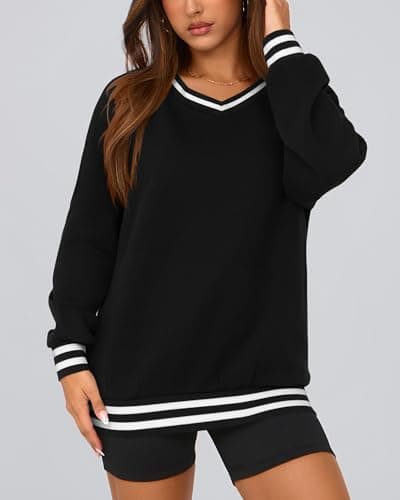 PRETTYGARDEN Women's Oversized Sweatshirts Casual Long Sleeve Stripes Knit V Neck Pullover Top Spring Preppy Clothes(Black,XX-Large) - Thumbnail 3