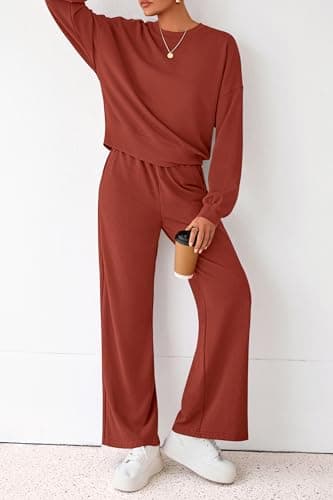 PRETTYGARDEN Women 2 Piece Outfits 2026 Fall Sweatsuits Crewneck Sweatshirt Wide Leg Sweatpants Lounge Sets Tracksuit(Brick Red,X-Small - Thumbnail 4