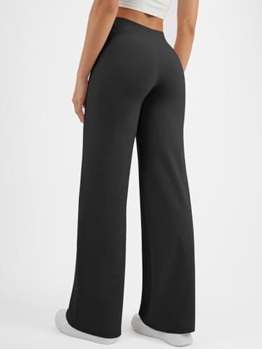AFFOLE Petite Wide Leg Pants for Women Flare Dress Pants with Pockets Cross Waist Stretch Bootleg Sweatpants for Casual Black - Thumbnail 5