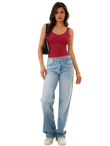 GKBK Tank Tops for Women Ribbed Slim Fit Camisole Sleeveless Lace Tank Tops Summer Casual Basic Tops Cute V Neck Soft Lace Trim Cami Undershirt Spring Clothes 2026 Fashion Outfits Red - Thumbnail 6