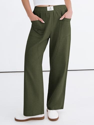ANRABESS Womens Casual Pants 2026 Summer Loose Fit Lounge Pants with Pockets High Waisted Elastic Waist Straight Leg Trousers Army Green S - Thumbnail 2