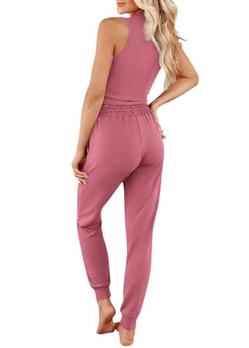 KIRUNDO 3 Piece Lounge Sets for Women Airport Travel Vacation Outfits 2026 Fall Cardigan Matching Sleeveless Top Jogger Pants(Dusty Pink, Small) - Thumbnail 2