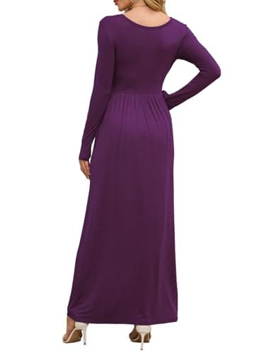 DEARCASE Women Dress Purple Small Crewneck Long Sleeves Maxi Wedding Guest A-line Plain Casual Empire Waist Flowy Party Vintage Spring Fall Winter Floor Dresses with Pocket - Thumbnail 3