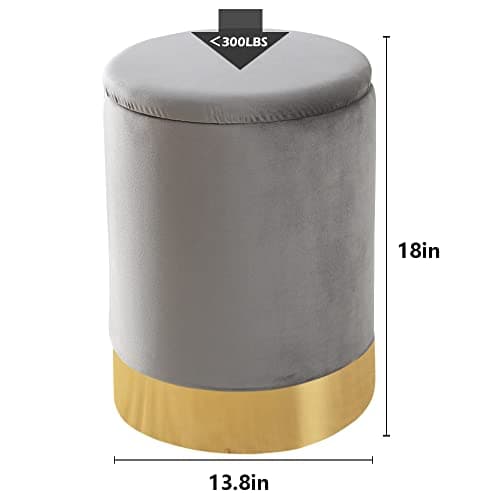 Mxfurhawa Velvet Storage Ottoman Multipurpose Footrest Stool with Metal Base Modern Round Vanity Stool Chair Ottoman Foot Stools Support 300 lbs Padded Seat for Living Room (Grey (Velvet)) - Thumbnail 2