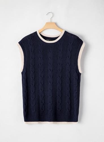 Dokotoo Summer Outfits for Women Round Neck Cap Sleeve Color Block Cable Knit Tank Top for Women Sweater Vest Women Navy Blue X Large - Thumbnail 4