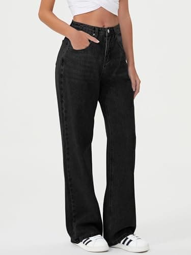 HDLTE Women Wide Leg Jeans Junior High Waist Baggy Jeans Loose Boyfriends Jeans Black Washed - Thumbnail 4