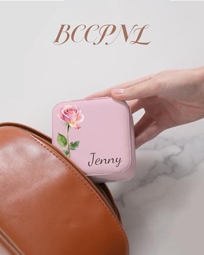 bccpnl Personalized Jewelry Travel Case(with mirror) with Your Name and Birth Flower,Personalized Gifts for Women - Festival gifts, Bridesmaids Gifts, Small Travel Jewelry Box Organizer (cherry pink) - Thumbnail 6