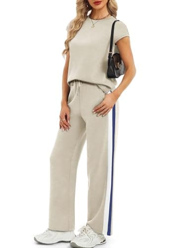 Casly Lamiit 2 Piece Sets for Women Summer Travel Sets Crew Neck Casual Pants Set Cap Sleeve Matching Sets Clothing Dark Beige L - Thumbnail 3