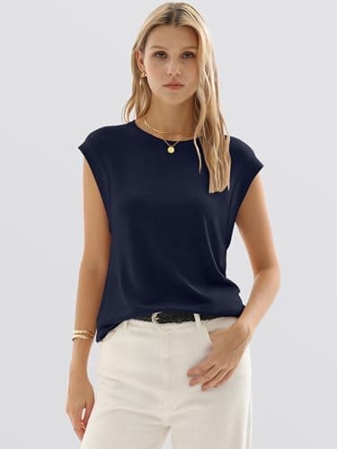 ANRABESS Women's Sweater Vest 2026 Summer Crew Neck Cap Sleeve Tank Tops Business Casual Lightweight Pullover Sweaters Shirts Navy Blue-L - Thumbnail 2
