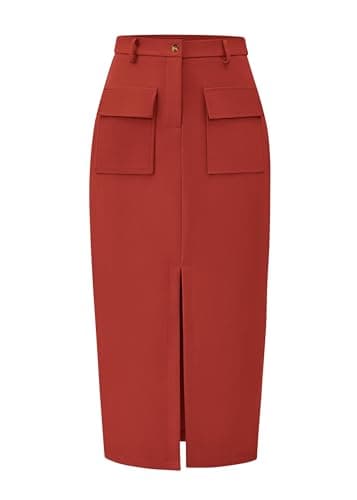 KIRUNDO Midi Skirts for Women Spring Summer High Waisted Cargo Trendy Pencil Slit Dressy Casual Business Work Long Skirt(Medium, Rust Red) - Image 1
