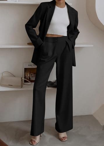 KIRUNDO Women Suits 2 Piece Set Business Casual Dressy Oversized Blazer Jacket and Wide Leg Dress Pantsuits Formal Outfits(Black, X-Large) - Thumbnail 6