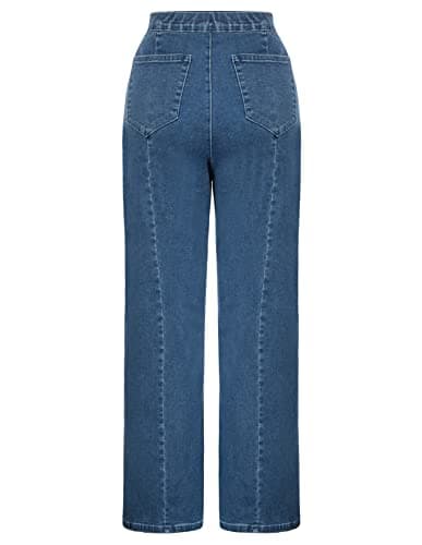 Belle Poque Stretchy Waist Wide Leg Jean for Women Dressy Blue Button Down Work Casual Denim Pants Size 12 Size 14 - Thumbnail 5