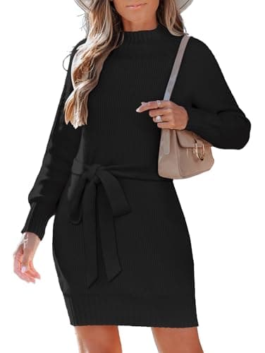 SunnyMelody Womens Mock Turtleneck Self Tie Waist Belt Sweater Dress Fall Winter 2025 Trendy Business Casual Outfits Ladies Dressy Ribbed Knit Long Sleeve Mini Dresses Black M - Image 1