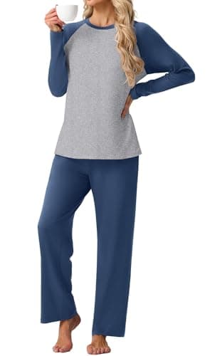 PrinStory Women's Pajamas Set Sleepwear Pjs loose-fit Long Sleeve Crewneck Shirts and Pant Soft Comfy Sleep Sets Dark Blue XL - Image 1