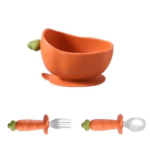 Carrot Shape Silicone Baby Feeding 6 Pack Set, 1 Suction Bowl & Plate, Bib, Spoon, Fork, Cup (Bowl with Spoon and Fork)