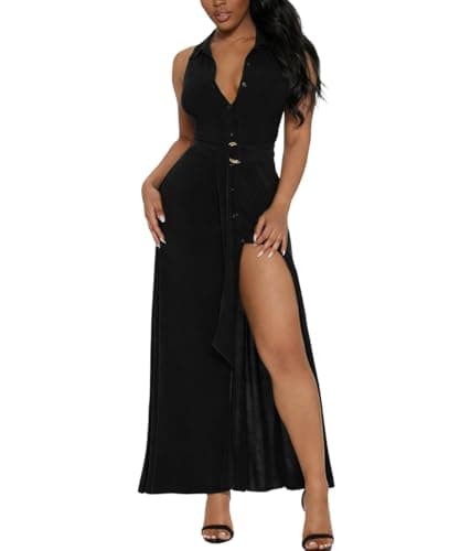 Deep V Neck Button Down Dress for Women Sleeveless Collared High Split Long Shirt Dresses Cocktail Wedding Party Maxi Dress Black L - Image 1