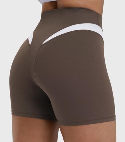 Sunzel Colorblock Biker Shorts Women High Waist Tummy Control – Buttery Soft Squat Proof No Front Seam Workout Spandex Shorts 4" Inseam Seal Brown-WH X-Large - Thumbnail 2