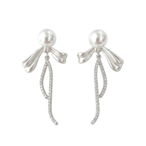 Pearl Drop Earrings for Women, Dainty Bow Dangle Earrings with Cubic Zirconia, Lightweight Long Chain Earrings for Wedding, Work and Daily Wear, Elegant Jewelry Gift - Image 1