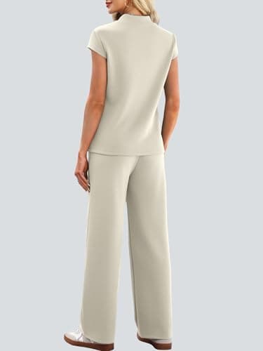 Casly Lamiit 2 Piece Sets for Women Summer 2026 Lounge Travel Vacation Outfits Cap Sleeve Tops Drawstring Wide Leg Pant Sets with Pockets Dark Beige L - Thumbnail 5