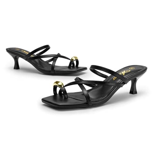 Athlefit Black Kitten Heels for Women Strappy Flip Flop Low Heels Square Toe Summer Fashion Slip On Thong Heeled Sandals for Party Prom Size 8.5 - Thumbnail 6