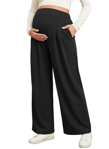 BLENCOT Women Maternity Pants Work Casual Over Belly Stretchy Wide Leg Trousers Activewear High Waist Baggy Pregnancy Pant Office Clothes Comfy Joggers with Pockets Small Black - Image 1