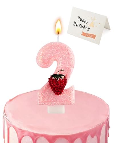 Birthday Candles for Cake, Pink Number Candles, Cake Candles with Greeting Card for Birthday Party Wedding Anniversary Celebrations (Strawberry 2 Candle) - Image 1
