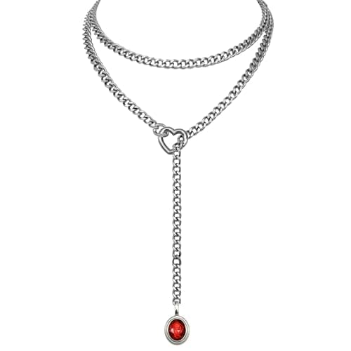 EverGlimp Heart Slip Chain Necklace for Women, 39 Inch Cuban Chain, Removable Heart O-Ring, Crystal Pendant, Adjustable Stainless Steel Y-Necklace (Silver-Red) - Image 1