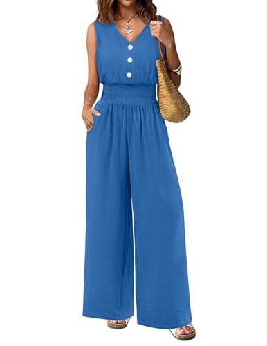 LOOKBOHO Women Causal Jumpsuit Summer Fashion V Neck Sleeveless Outfit Wide Leg Pant One Piece Party Jumper Romper(BL,S) - Image 1