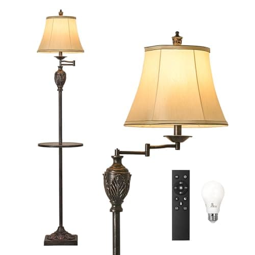 Traditional LED Floor Lamp with 350° Adjustable Swing Arm Lamp – Vintage Standing Pole lamp for Living Room, Bedroom and Office – Rustic Upright Floor Light for Home Décor with Silk Fabric Shade