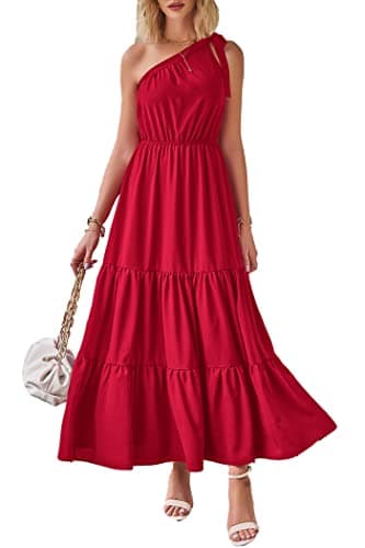 PRETTYGARDEN Women's Summer Floral Maxi Dress Knot One Shoulder Sleeveless Ruffle Flowy Boho Beach Wedding Guest Dresses (Solid Red,X-Large) - Image 1