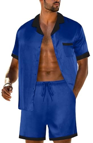 PrinStory Mens Pajamas Set Satin Silk Pajama For Men Sleepwear Shorts Summer 2 Piece Button Down Set Blue Black L - Image 1