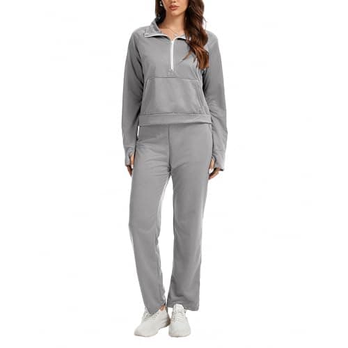 Anyshe Women's 2 Piece Sweatsuit Set Lounge Set Half Zip Sweatshirt with Kangaroo Pocket Thumb Holes Wide Leg Drawstring Pants Casual Tracksuit for Travel Daily Wear, Grey, Small - Image 1