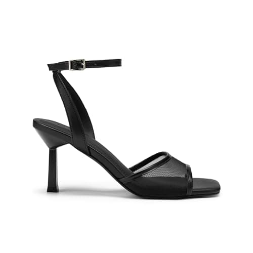 Athlefit Black High Heels for Women Square Open Toe 3-Inch Stiletto Heels Summer Mesh Sexy Strappy Heeled Sandals for Party Prom Size 6.5 - Thumbnail 4