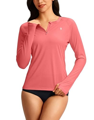 SANTINY Women's Rash Guard UPF50+ SPF Long Sleeve Swimsuits Top UV Sun Protection Swim Shirts for Woman with Zip (Coral_L) - Image 1