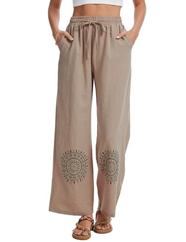 Demoking Cotton Linen Pants Women Straight Leg Casual Loose Drawstring Hippie Beach Vacation Clothes Khaki S - Thumbnail 2