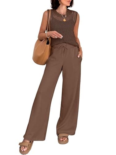 ANRABESS Women 2 Piece Summer Outfits 2026 Crochet Sweater Vest Wide Leg Pants Lounge Matching Sets Travel Vacation Clothes Brown Medium - Image 1
