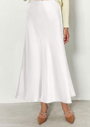 KIRUNDO Women Spring Summer Satin Maxi Skirt 2026 Trendy High Waisted Wedding Cocktail Party Work Silk A-Line Formal Skirts(X-Large, White) - Thumbnail 5
