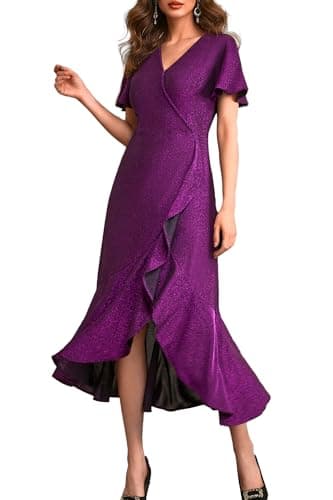 Autumn Flowerwall Women Plus Size Wedding Guest Dress Sparkle Purple 3XL Lustrous Knit V Neck Flutter Sleeve Cocktail Dress A-Line Formal Party Gowns Curvy Evening Elegant Slit Dress - Image 1