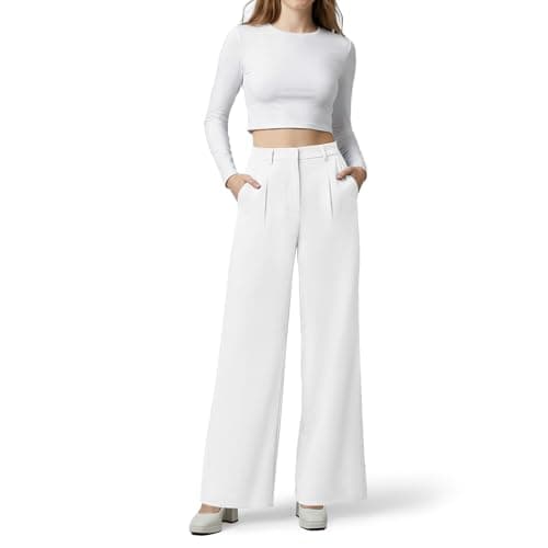 OctMoon Women’s Straight Leg Wide Leg Dress Pants – Stretchy High Waisted Work Pants for Women, Business Casual Slacks for Office & Daily Wear(White)-L - Image 1