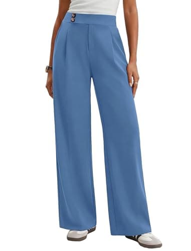 LOOKBOHO Women's Dress Pants Wide Leg Pull On Stretchy Work Pants High Waisted Business Casual Trousers with Pockets Grey Blue - Image 1