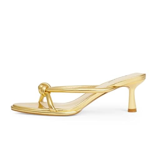 Easyfox Gold Womens Sandals Rounded Open Toe Heels Mules Slip on Bow Heels Dress Party Shoes Size 6 - Thumbnail 4