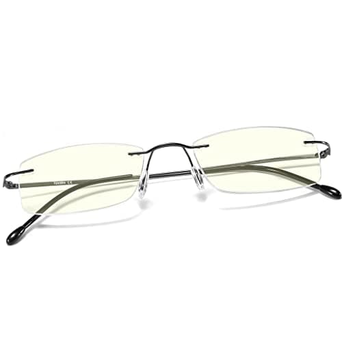 TOVEEN Titanium Rimless Reading Glasses Blue Light UV Blocking, Ultralight Frameless Spring Hinge Readers with Case for Men Women 1 Pair Gunmetal +1.5